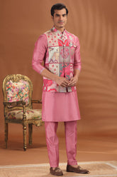 Onion Pink Kurta Pajama with Printed Jacket